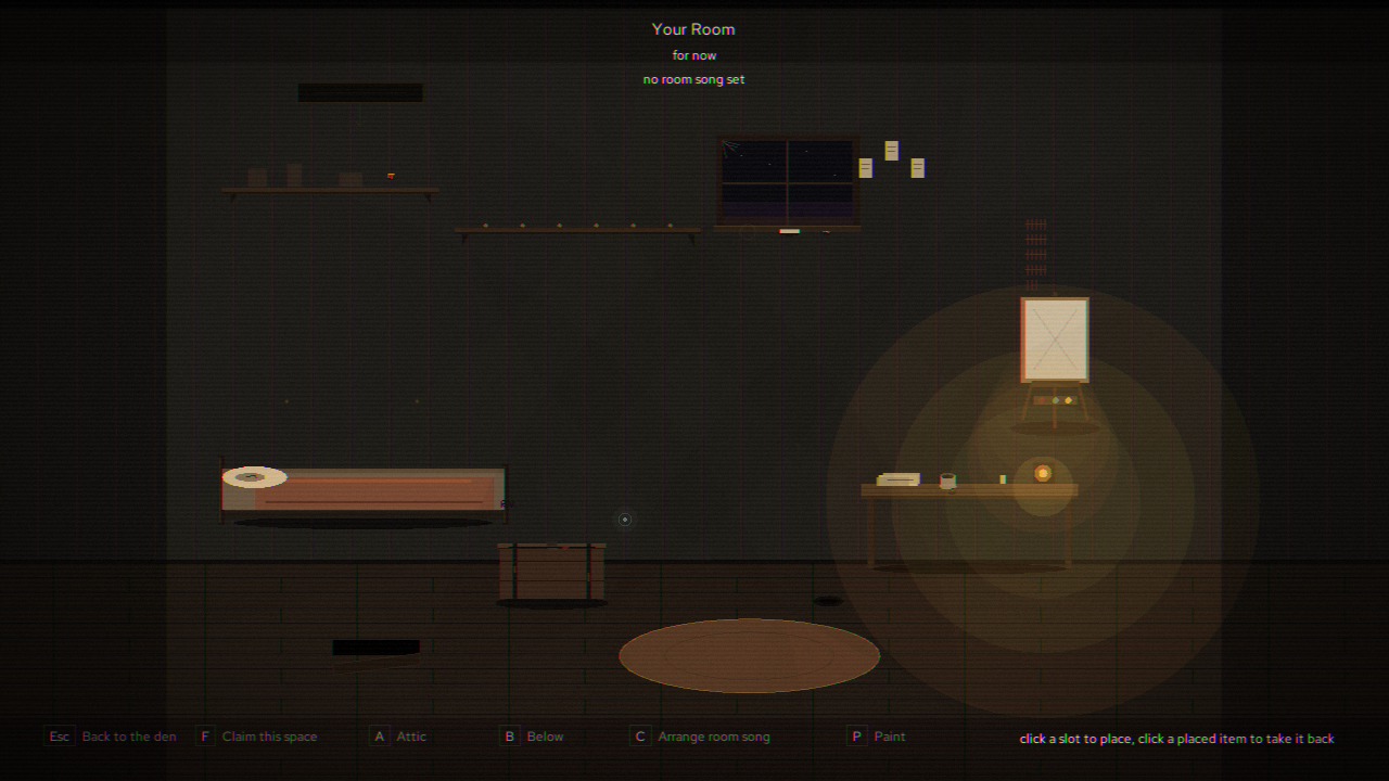 The upstairs room in Crow Dirt with furniture and lamp light