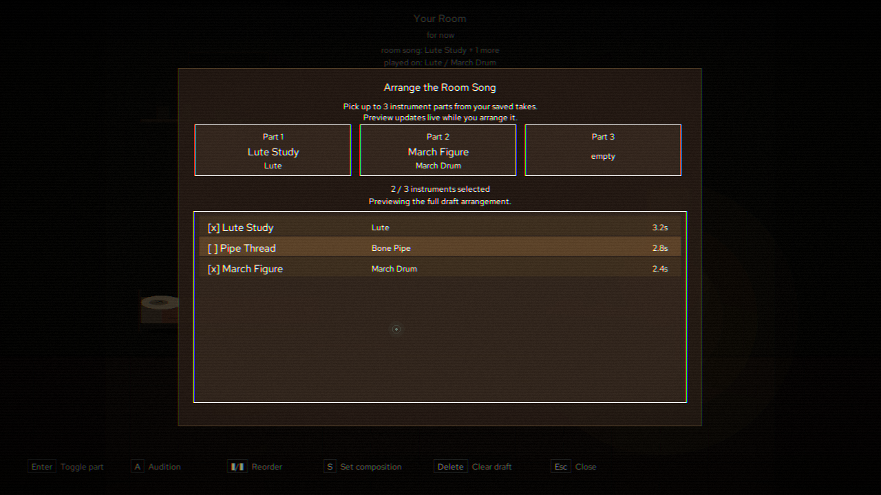 The room song interface in Crow Dirt